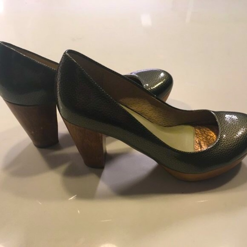 GOKA Pebbled Patent Leather Wood Platform Heels